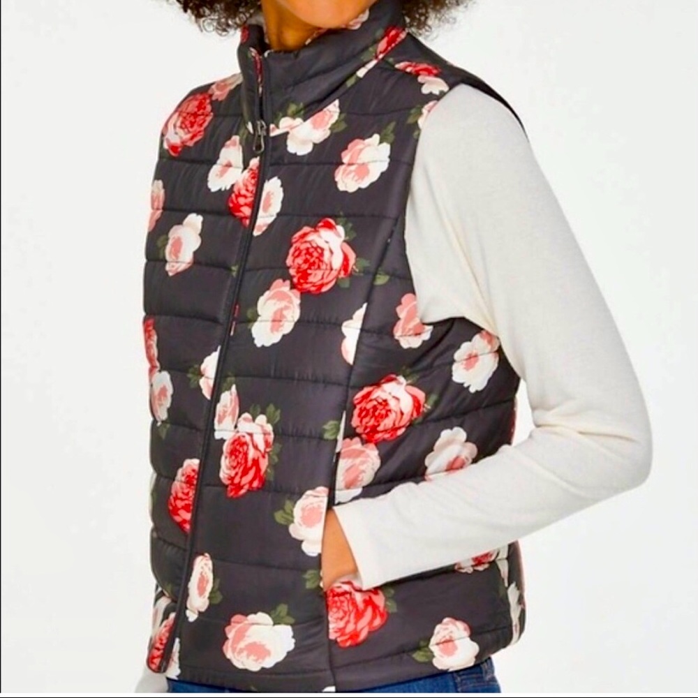 Loft black with pink floral puffer, zip up vest.